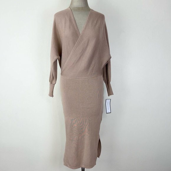 Goodnight‎ Macaroon Beige Neutral NWT Knit Long Sleeve Wrap Dress - Picture 1 of 6
